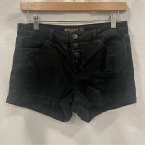 Dollhouse Black Denim Shorts Juniors Size 5/6 Roll Up Buttonfly Stretch Distress